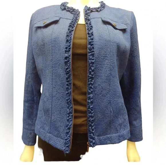 Ruby Rd. Blue Textured Ruffles Zip Up jacket Size 8 - Picture 2 of 11